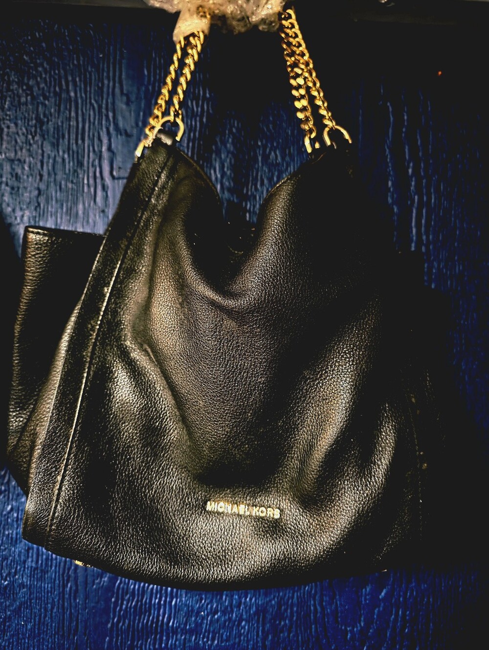 Michael Kors Black Leather Shoulder Bag with Gold Chain Straps